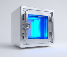 Small metal safe with blue light inside isolated on white background