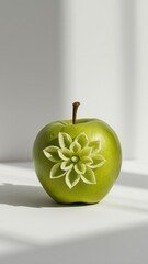 Green apple carved into a blooming flower