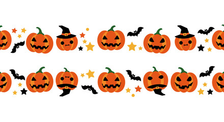 A festive Halloween border featuring a repeating pattern of carved jack-o'-lanterns with various expressive faces, adorned with witch hats, mustaches, and su...