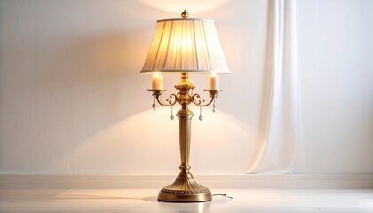 Elegant vintage table lamp with candle holders illuminating a white room