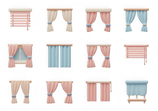 Variety of 3d rendered window treatments, including curtains and blinds, isolated on transparent background