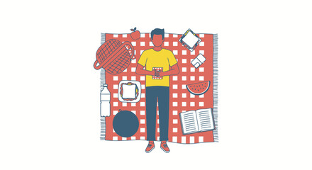 relaxing picnic scene man on checkered blanket with food, books, and drinks
