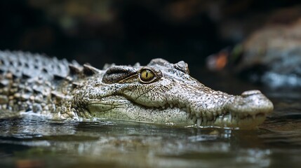 Crocodile swimming silently muddy jungle river predator wildlife reptile stock image in natural habitat