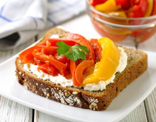 Colorful pepper spread on whole wheat bread