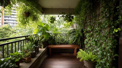 A lush green balcony with a wooden bench, surrounded by various potted plants and hanging foliage, offering a serene outdoor retreat.