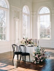 Elegant Dining Setup With Floral Arrangements Near Large Windows in a Bright Venue