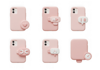 A set of six pink 3d cartoon smartphone cases with various cute heart and chat bubble designs, isolated on a transparent background