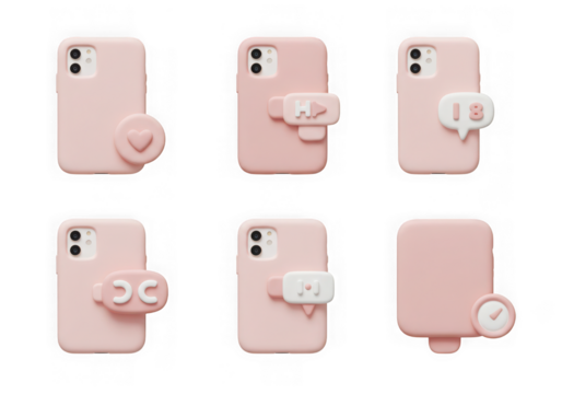 A set of six pink 3d cartoon smartphone cases with various cute heart and chat bubble designs, isolated on a transparent background