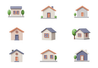 Fototapeta premium Nine distinct 3d isometric house icons showcasing varied designs, colors, and styles, isolated on a transparent background