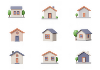 Nine distinct 3d isometric house icons showcasing varied designs, colors, and styles, isolated on a transparent background