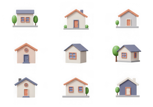 Nine distinct 3d isometric house icons showcasing varied designs, colors, and styles, isolated on a transparent background
