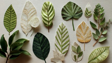 A collection of various artificial leaves, showcasing different textures and patterns, arranged on a neutral background.