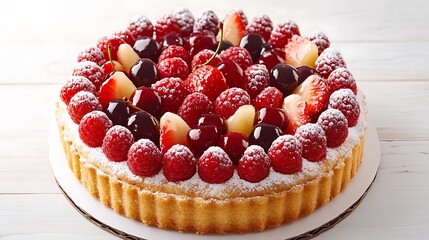 Exquisite fruit tart showcasing raspberries, cherries, and strawberries sprinkled with powdered sugar gleams brightly
