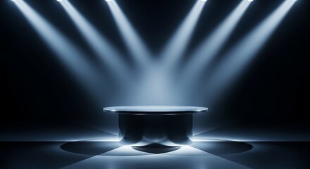 Futuristic presentation stage with an empty podium under bright spotlights. Abstract background for showcasing a product or award concept
