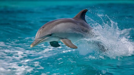 Dolphin leaping out of turquoise blue sea joyful wildlife marine photography symbolizing freedom playfulness ocean nature beauty