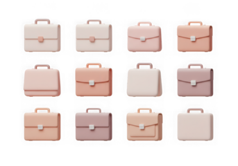 Assortment of 3d pastel pink and beige briefcases and handbags isolated on transparent background