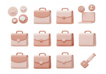 3d pastel pink and beige business icons including briefcases, laptop, and speech bubbles isolated on transparent background