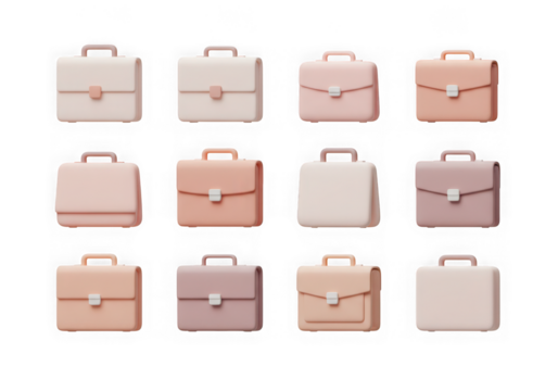 Assortment of 3d pastel pink and beige briefcases and handbags isolated on transparent background