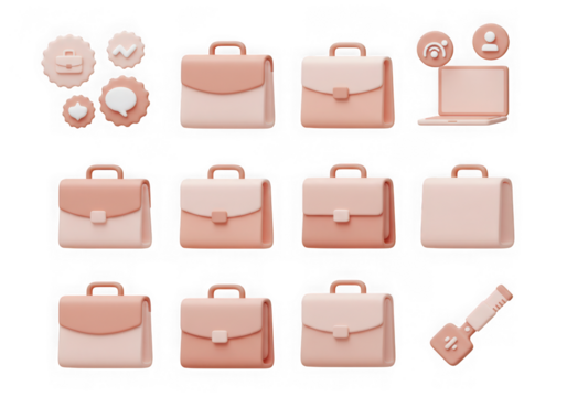 3d pastel pink and beige business icons including briefcases, laptop, and speech bubbles isolated on transparent background