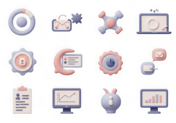 Set of 3d icons representing business, finance, and technology concepts, isolated on transparent background