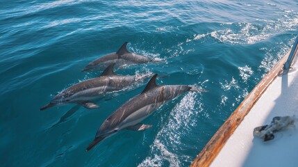 Naklejka premium Dolphin pod swimming together near boat joyful marine wildlife stock photography natural water