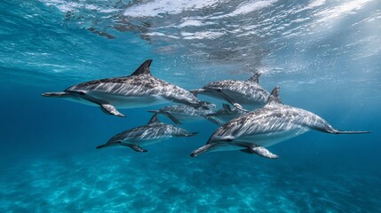 Naklejka premium Dolphin pod swimming together crystal clear ocean joyful marine wildlife scene symbolizing unity harmony and playful energy