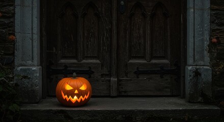 Obraz premium Jack-o'-lantern glowing on stone steps by an old wooden door 