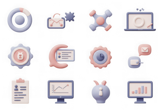 Set of 3d icons representing business, finance, and technology concepts, isolated on transparent background
