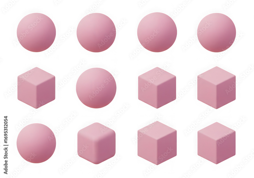 Poster arrangement of pink spheres and cubes in a grid pattern isolated on transparent background, 3d rende