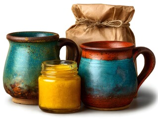A still life showcases handmade ceramic mugs, a jar of honey, and a brown paper package on a white surface.