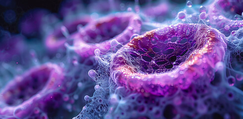 Microscopic view of vibrant purple blood cells and biological structures, illustrating health and life