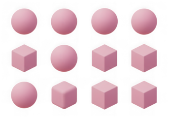 Arrangement of pink spheres and cubes in a grid pattern isolated on transparent background, 3d rendering