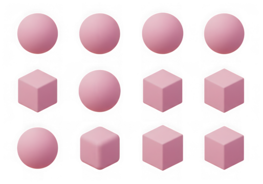 Arrangement of pink spheres and cubes in a grid pattern isolated on transparent background, 3d rendering
