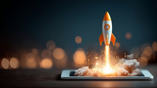Dynamic rocket launch from smartphone screen symbolizing rapid business growth and digital innovation, capturing explosive startup success with vibrant energy