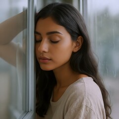 Young Woman Resting Head Against Window with Eyes Closed — Calm Sad Mood, Reflective Emotional Moment Indoors, Natural Light Portrait  