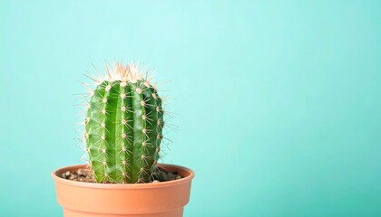 Cactus in terracotta pot against teal backdrop