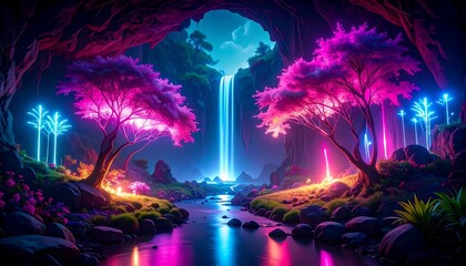 Enchanted Waterfall Landscape with Neon Trees and Vibrant Reflections in the River