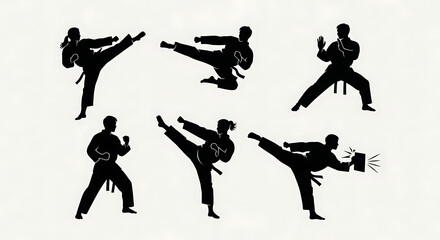 Silhouettes of people practicing various martial arts poses, including high kicks and punches, against a clean white background.