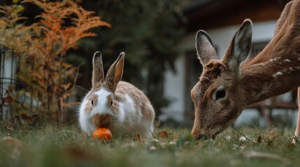Fototapeta premium Domestic rabbit eating carrot backyard while wild deer grazes nearby unique pet and wildlife harmony captured in natural setting