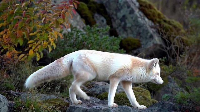 Arctic Fox Walking Among Rocks and Colorful Foliage in Autumn Light