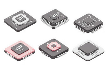 Assortment of computer microprocessors and chips with vr branding, isolated on transparent background