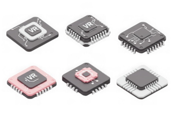 Assortment of computer microprocessors and chips with vr branding, isolated on transparent background