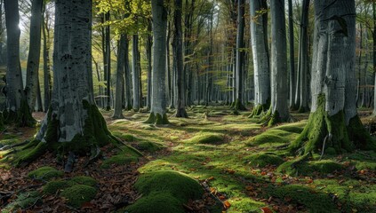 Tranquil forest scene with tall trees and lush green moss covering the ground, sunlight filtering through