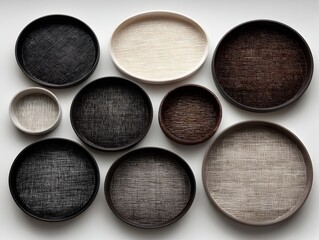 Assorted round textured plates and shallow bowls are arranged on a simple white background in neutral tones.