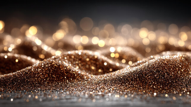 Close up of shimmering golden glitter dust forming soft wave patterns, catching light and texture on a dark reflective surface for a luxurious macro look.