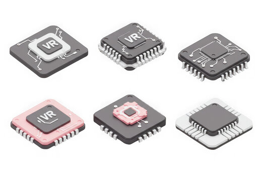 Assortment of computer microprocessors and chips with vr branding, isolated on transparent background