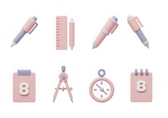 Cute 3d pastel pink and purple school supplies icons isolated on transparent background