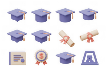 Purple graduation caps and diplomas 3d icons isolated on transparent background