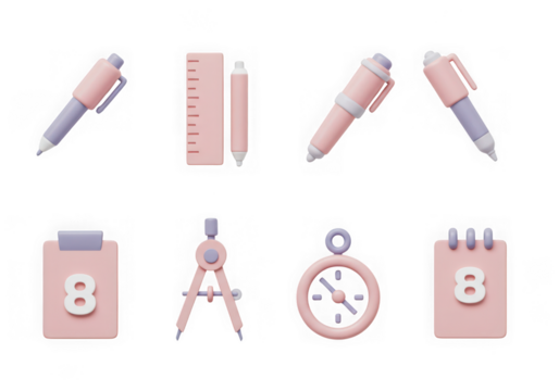 Cute 3d pastel pink and purple school supplies icons isolated on transparent background