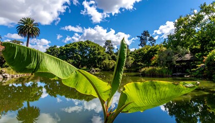 Lush garden with pond reflection